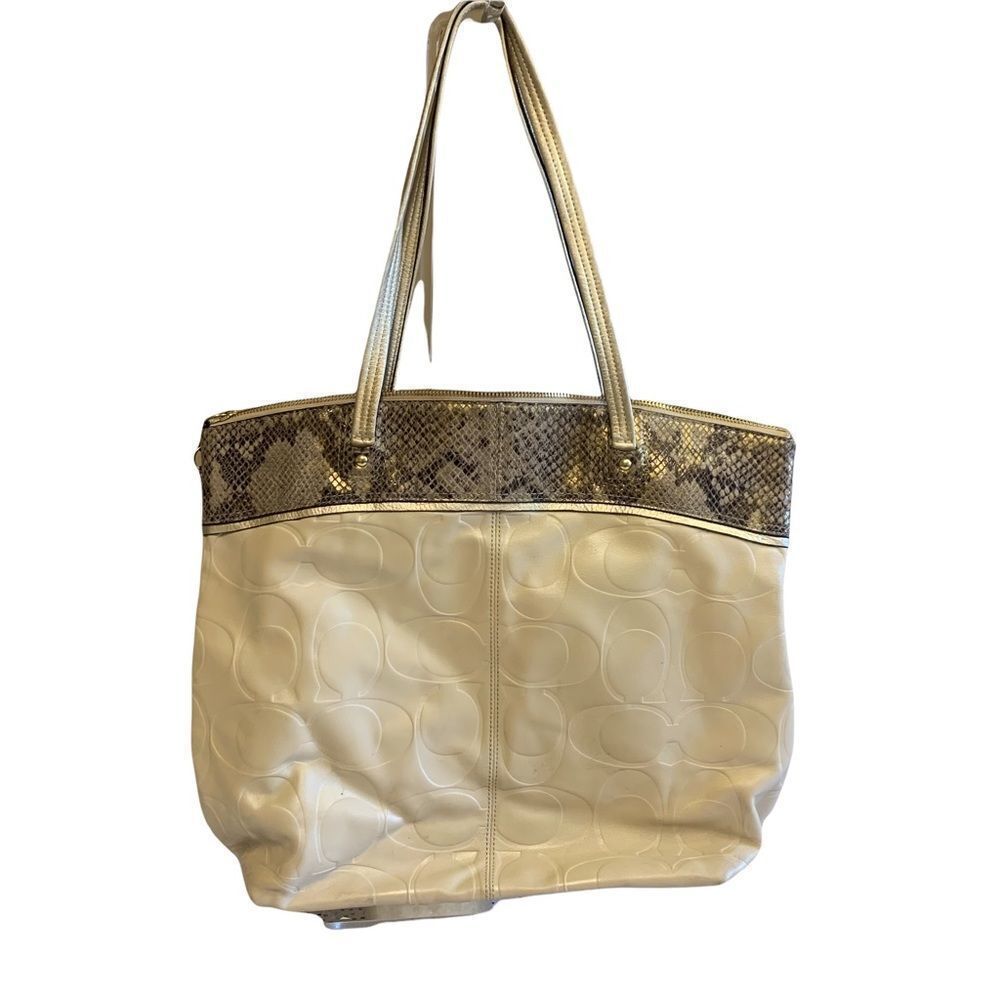 Tan Coach bag with embedded “c’s” and snakeskin on top - Picture 2 of 13